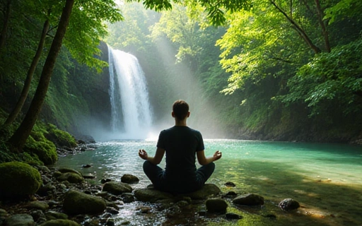 A person meditating peacefully in a lush natural setting, symbolizing holistic well-being and empowerment.