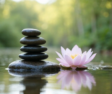 A serene image depicting balance and holistic well-being, possibly with elements like a balanced stone tower, a lotus flower, and calm water.