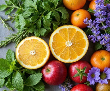 Close-up of fresh, vibrant botanical ingredients like herbs, flowers, and fruits, depicting natural purity and wellness.