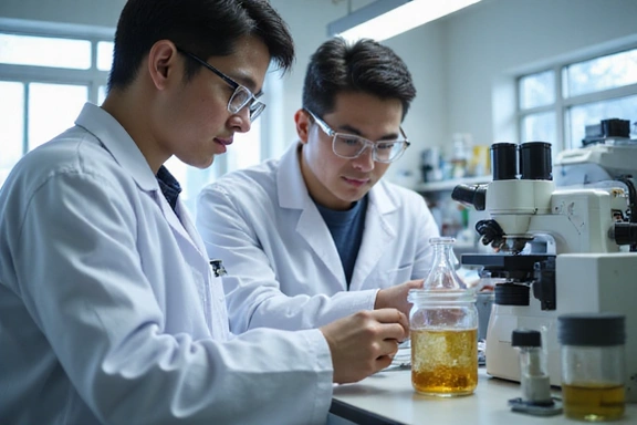 Scientists in a modern lab meticulously testing raw materials, symbolizing rigorous ingredient selection and quality control.