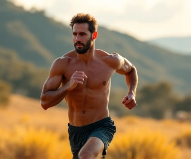 Dynamic image of a man running with high energy, representing stamina and vitality. The background is a blurred natural landscape.
