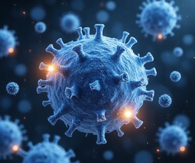 Dynamic image of an abstract representation of the immune system, with intertwined cells and protective shields, in a clean, scientific style.