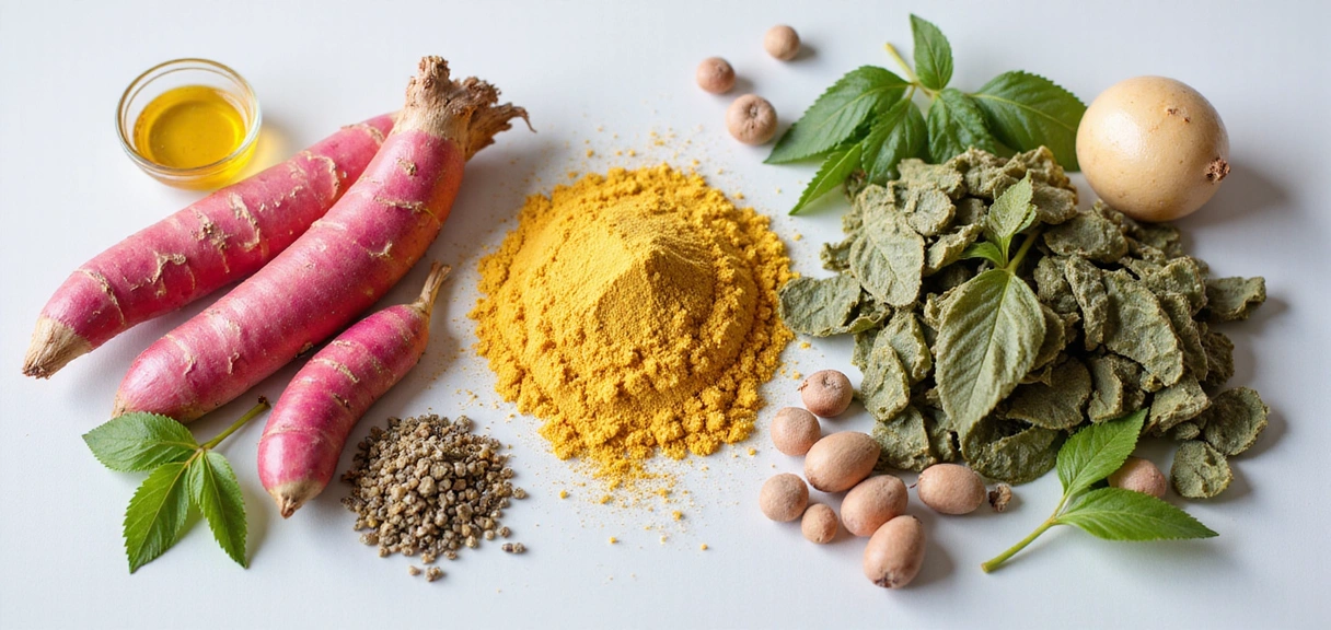 Image of natural ingredients associated with male health, such as ginseng, maca, and various adaptogens, arranged in a clean, scientific-yet-natural setting with soft, diffused lighting. No text or letters.